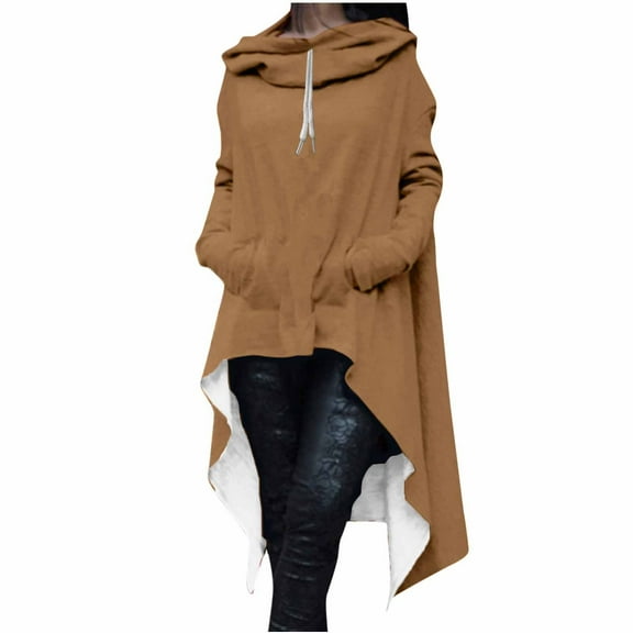 UAMVSH Long Sleeve Hoodie for Women Trendy Asymmetric Hem Hooded Sweatshirts Oversized High-Low Pullover Ladies Fall Fashion(Small,Brown 1)