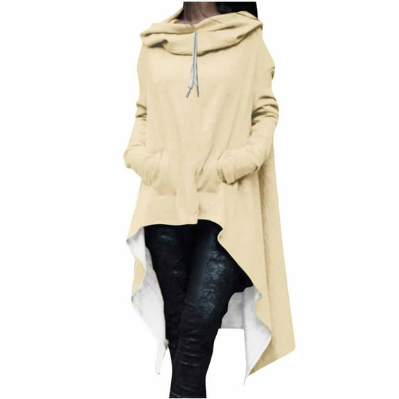 UAMVSH Long Sleeve Hoodie for Women Trendy Asymmetric Hem Hooded Sweatshirts Oversized High-Low Pullover Ladies Fall Fashion(X-Large,Beige 1)