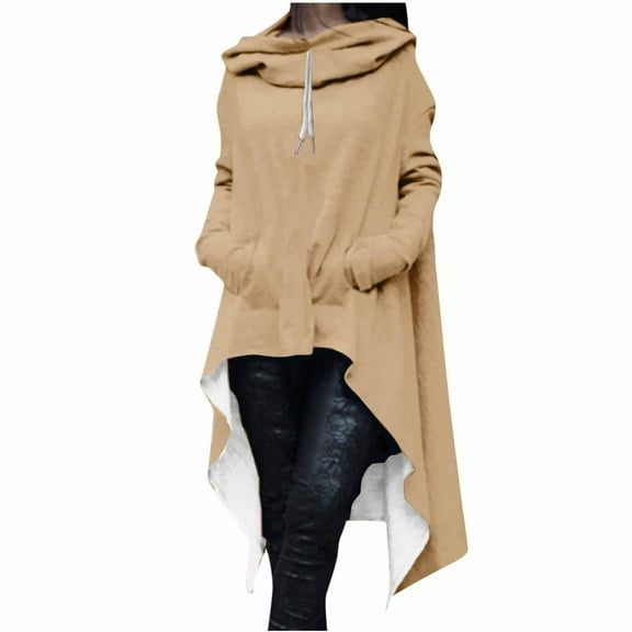 UAMVSH Long Sleeve Hoodie for Women Trendy Asymmetric Hem Hooded Sweatshirts Oversized High-Low Pullover Ladies Fall Fashion(X-Large,Khaki 1)