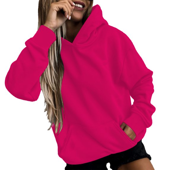 UAMVSH Long Sleeve Pullover Hoodie for Women Classic Solid Color Long Sleeve Hooded Sweatshirts with Pockets Casual Drawstring Tops(Medium,Hot Pink 2)