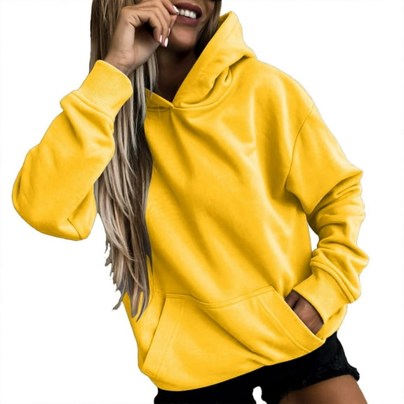 UAMVSH Long Sleeve Pullover Hoodie for Women Classic Solid Color Long Sleeve Hooded Sweatshirts with Pockets Casual Drawstring Tops(Small,Yellow)