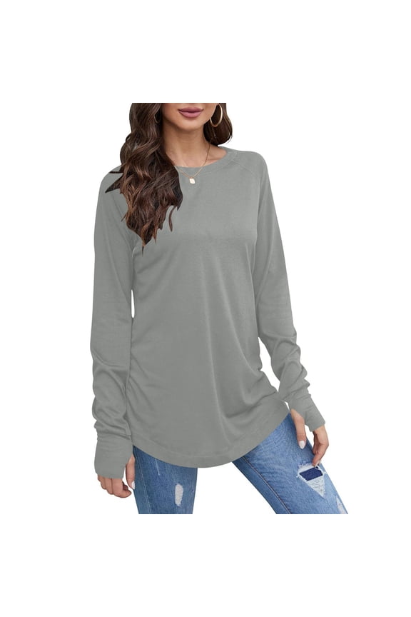 Long Sleeve Pullover Shirts for Women Soft Tunic Tops with Thumb Hole Casual Crew Neck Slim Fit Blouses Spring Fall(XX-Large,Gray)