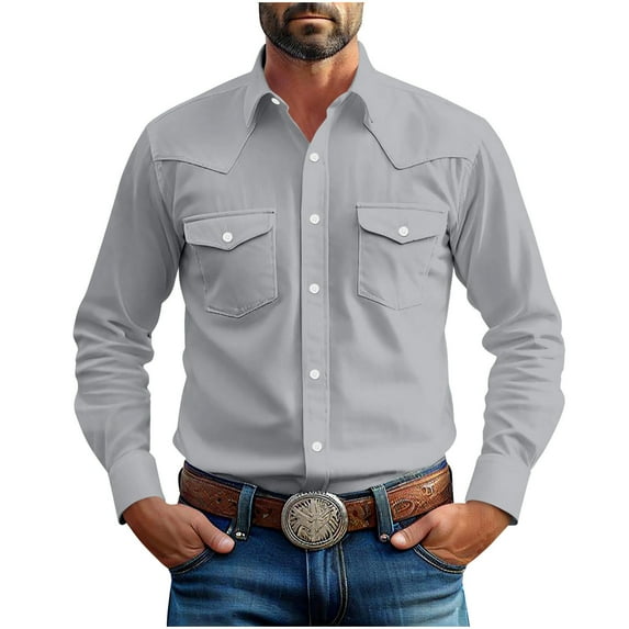 UAMVSH Long Sleeve Shirts for Men Lapel V-Neck Button down Work T-Shirt Vintage Casual Dressy Tops with Chest Pockets(3X-Large,Gray)
