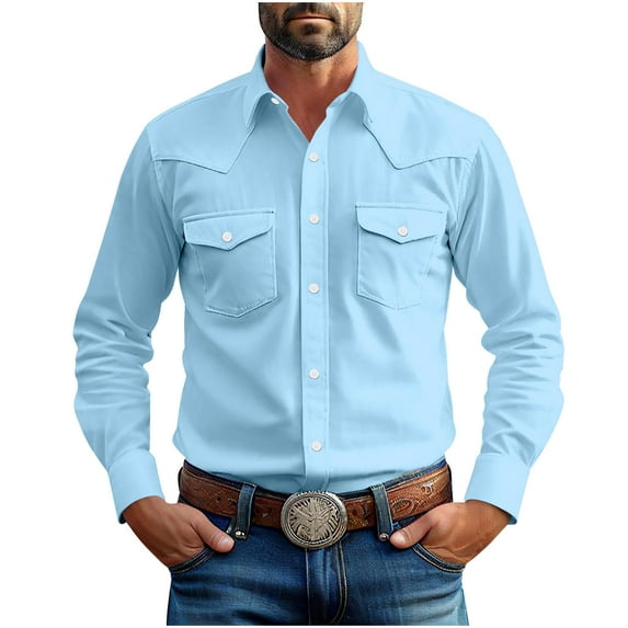 UAMVSH Long Sleeve Shirts for Men Lapel V-Neck Button down Work T-Shirt Vintage Casual Dressy Tops with Chest Pockets(X-Large,Light Blue)