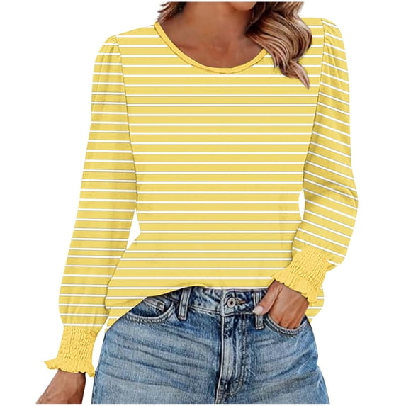 UAMVSH Long Sleeve Shirts for Women Crew Neck Striped Tunic Tops Dressy Casual Pleated Fall Blouses Fashion Clothing