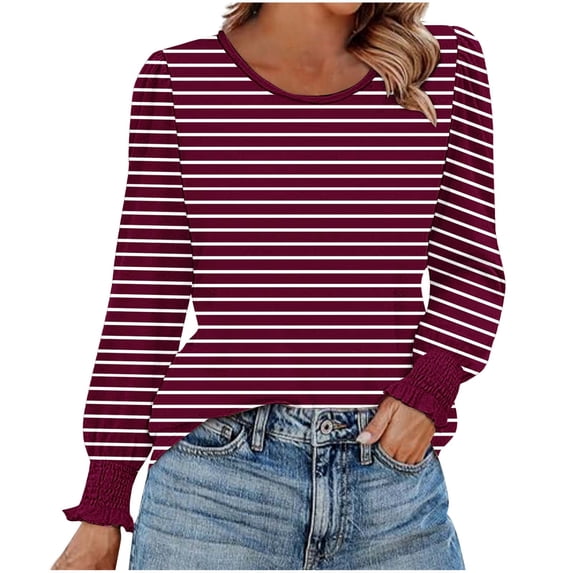 UAMVSH Long Sleeve Shirts for Women Crew Neck Striped Tunic Tops Dressy Casual Pleated Fall Blouses Fashion Clothing