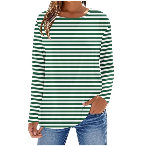 UAMVSH Long Sleeve Shirts for Women Fall Fashion Basic Tshirts Trendy Crew Neck Printed Casual Tunic Tops Comfy V-Neck Loose Fit Blouses(Large,Green)