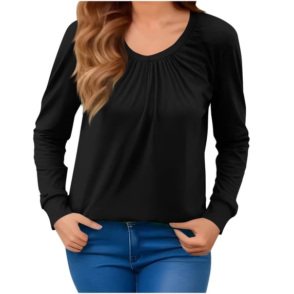 UAMVSH Long Sleeve Shirts for Women Pleated Soft Crewneck Basic Tees Classic Casual Loose Fit Tunic Tops Fall Clothes