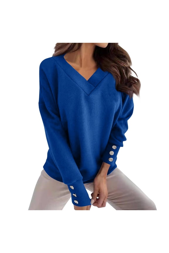 Long Sleeve Sweaters Pullovers for Women Casual V-Neck Basic Tunic Tops Loose Fit Solid Color Fall Sweaters Fashion Outfits(Small,Blue)