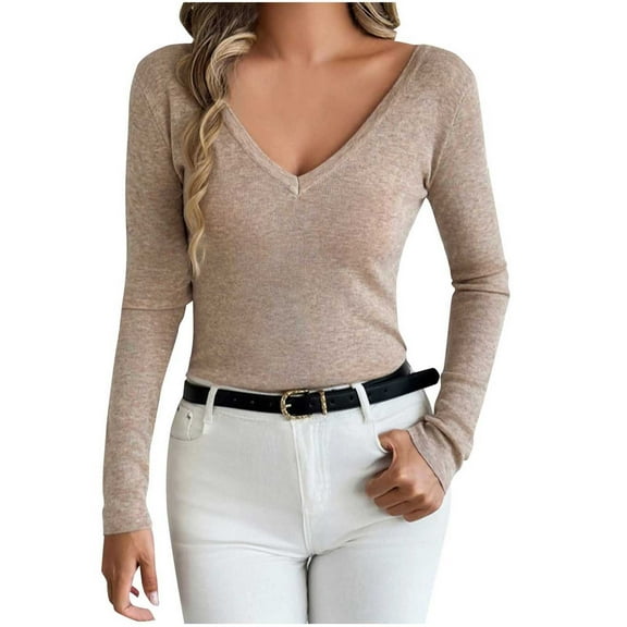 UAMVSH Long Sleeve Sweaters for Women V Neck Ribbed Knitted Slim Fall Basic Tshirts Going out Tops Casual Trendy Layering Pullover(Small,Khaki)