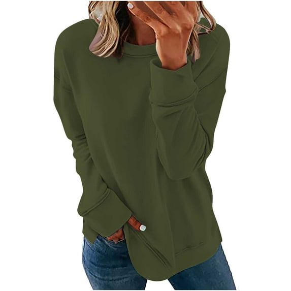 UAMVSH Long Sleeve Sweatshirts for Women Casual Crew Neck Basic Pullover Tops Loose Fit Drop Shoulder Shirts Ladies Outfits(3X-Large,Army Green)