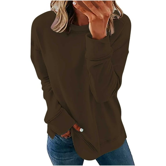 UAMVSH Long Sleeve Sweatshirts for Women Casual Crew Neck Basic Pullover Tops Loose Fit Drop Shoulder Shirts Ladies Outfits(Large,Brown)