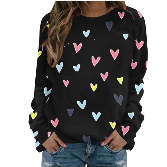 UAMVSH Long Sleeve Sweatshirts for Women Cute Heart Printed Crew Neck Pullover Trendy Colorful Graphic Valentine's Day Trendy Tee Tops(Large,Black)