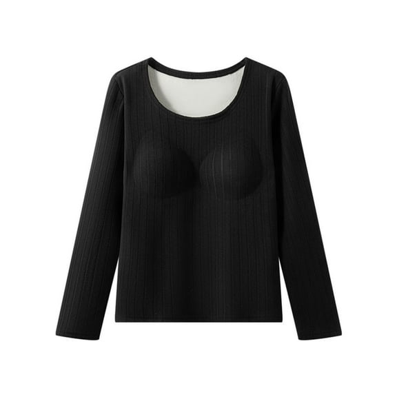 UAMVSH Long Sleeve Thermal Shirts for Women Scoop Neck Basics Tops Lightweight Base Layer Slim Thermal Undershirts with Bras
