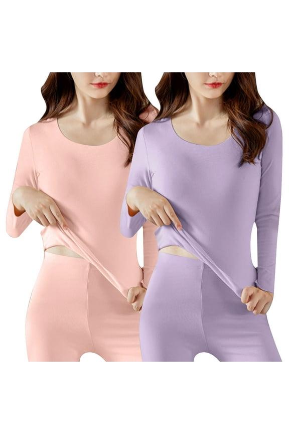 Long Sleeve Thermal Shirts for Women Scoop Neck Tops Base Layer Underwear Fleece Lined Top for Cold Weather 2 Pack