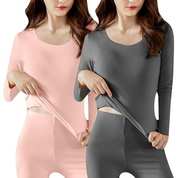 UAMVSH Long Sleeve Thermal Shirts for Women Scoop Neck Tops Base Layer Underwear Fleece Lined Top for Cold Weather 2 Pack