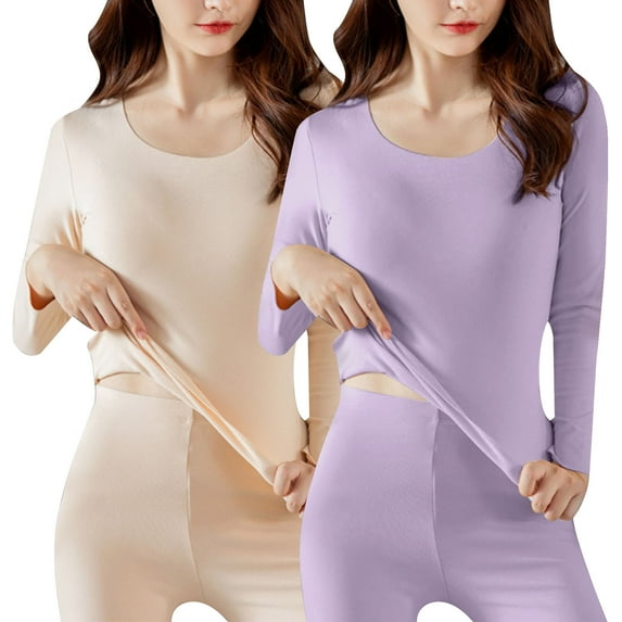 UAMVSH Long Sleeve Thermal Shirts for Women Scoop Neck Tops Base Layer Underwear Fleece Lined Top for Cold Weather 2 Pack