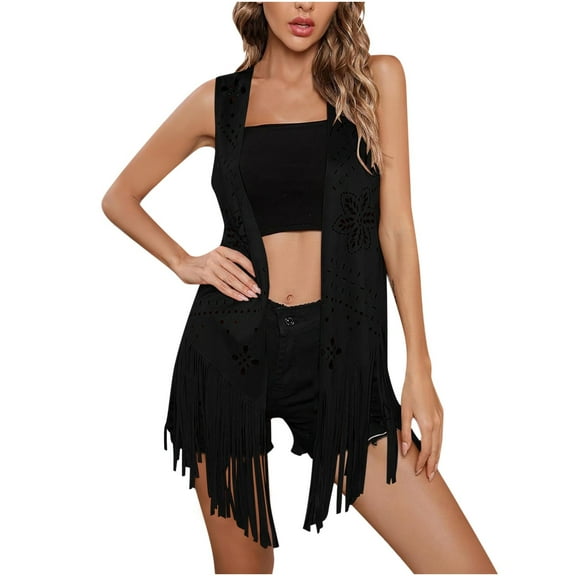 UAMVSH Long Vest for Women Hollow out Tassel Sleeveless Jacket Casual Vintage Suede Open Front Cardigan Western Outfits