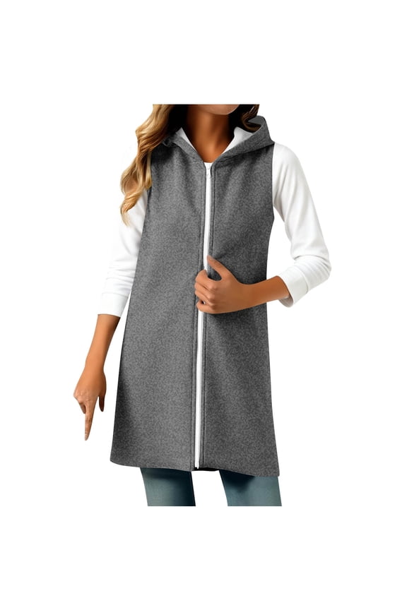 Long Vest for Women Side Split Sleeveless Hooded Jacket Dressy Casual Zip Up Outwear Coats Trendy Fall Clothes