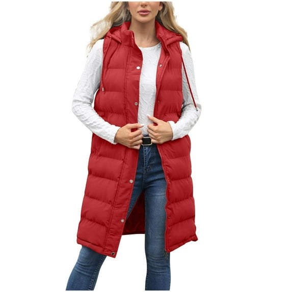 UAMVSH Long Vests for Women Warm Quilted Hooded Button down Zip up Outerwear Sleeveless Padded Jackets Fall Winter Coats(3X-Large,Red)