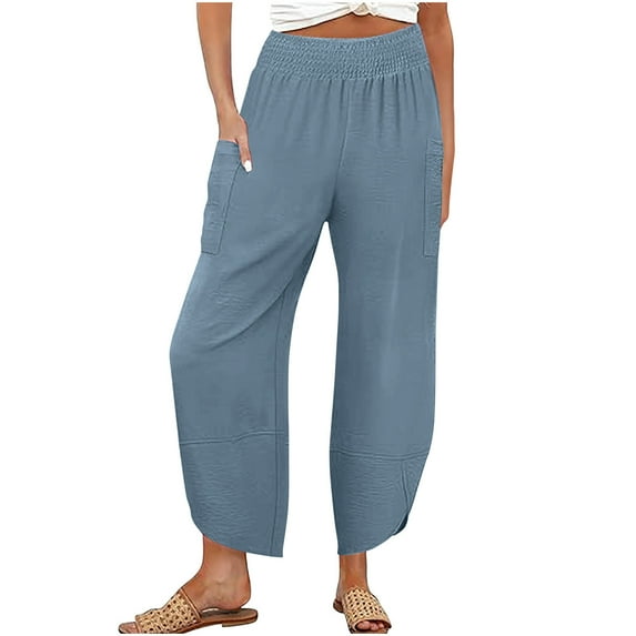 UAMVSH Lounge Pants Women Trendy Tulip Hem Summer Beach Vacation Pants with Pockets Loose Smocked Waist Straight Wide Leg Pants