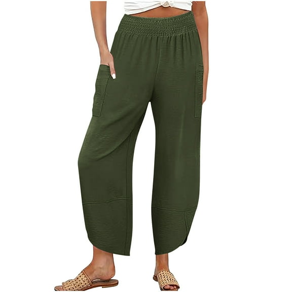 UAMVSH Lounge Pants Women Trendy Tulip Hem Summer Beach Vacation Pants with Pockets Loose Smocked Waist Straight Wide Leg Pants