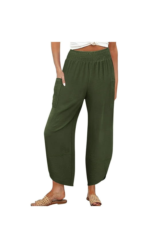 Lounge Pants Women Trendy Tulip Hem Summer Beach Vacation Pants with Pockets Loose Smocked Waist Straight Wide Leg Pants