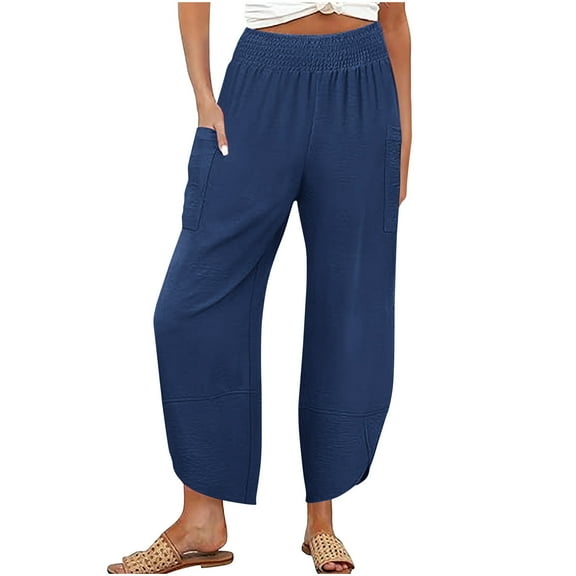 UAMVSH Lounge Pants Women Trendy Tulip Hem Summer Beach Vacation Pants with Pockets Loose Smocked Waist Straight Wide Leg Pants