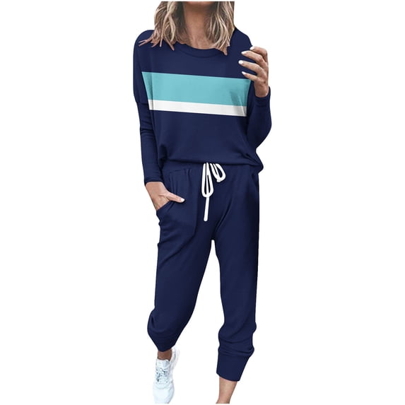 UAMVSH Lounge Sets for Women 2 Piece Outfits Color Block Crewneck Long Sleeve Tops and Jogger Pants Matching Set with Pockets