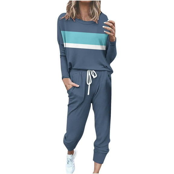 UAMVSH Lounge Sets for Women 2 Piece Outfits Color Block Crewneck Long Sleeve Tops and Jogger Pants Matching Set with Pockets