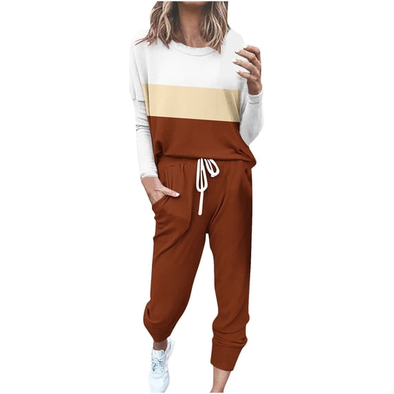 UAMVSH Lounge Sets for Women 2 Piece Outfits Color Block Crewneck Long Sleeve Tops and Jogger Pants Matching Set with Pockets