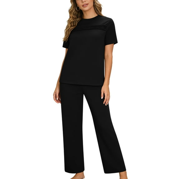 UAMVSH Lounge Sets for Women 2 Piece Pleated Short Sleeve Crewneck Top with Wide Leg Pants Stretch Set Airport Travel Outfit