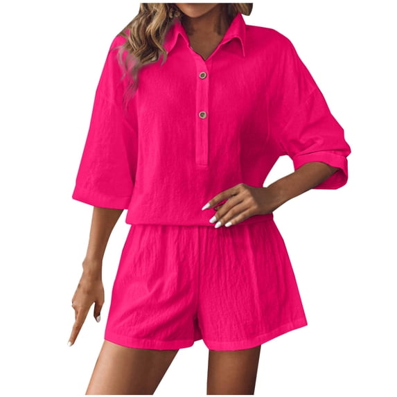 UAMVSH Lounge Sets for Women Oversized 3/4 Sleeve Tops with Shorts Matching Clothes Lapel Button Two Piece Beach Travel Outfits