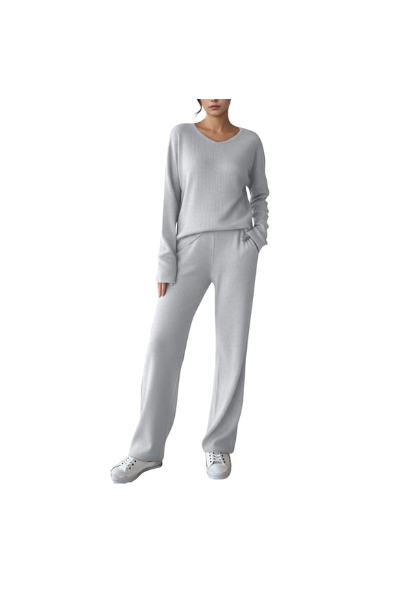 Lounge Sets for Women Ribbed Knit Long Sleeve Shirts Wide Leg Pants Matching Sets Comfy Soft V Neck Two Piece Outfits with Pockets