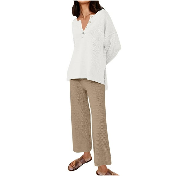 UAMVSH Lounge Sets for Women Two Piece Outfits Loose Fit Button Long Sleeve Tops and Pants Casual Side Slit Knitted Sweatsuits(LargeWhite 1)