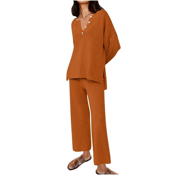 UAMVSH Lounge Sets for Women Two Piece Outfits Loose Fit Button Long Sleeve Tops and Pants Casual Side Slit Knitted Sweatsuits(MediumOrange)