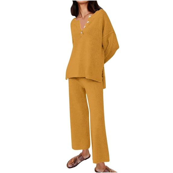 UAMVSH Lounge Sets for Women Two Piece Outfits Loose Fit Button Long Sleeve Tops and Pants Casual Side Slit Knitted Sweatsuits(MediumYellow)