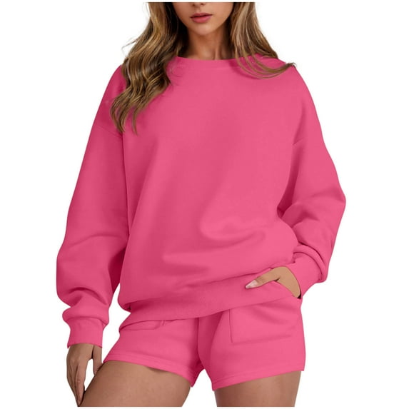 UAMVSH Lounge Sweatsuit Sets for Women Oversized Long Sleeve Sweatshirt Tops Shorts with Pockets Basic Tracksuit 2 Piece Outfits(X-Large,Hot Pink 5)