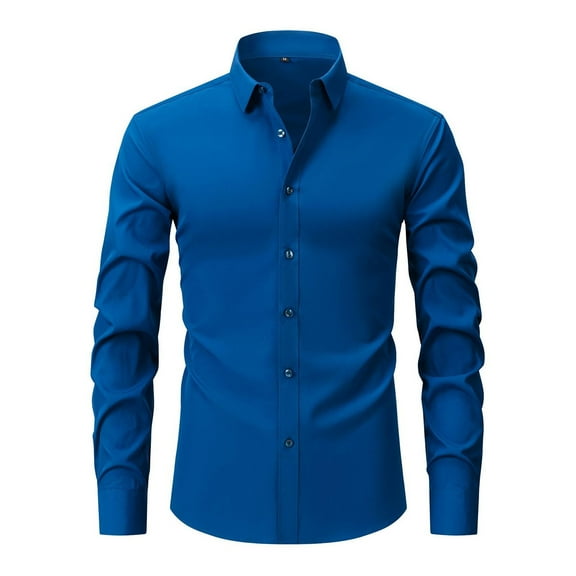 UAMVSH Men Business Casual Solid Color Shirts Fashion Long Sleeve Button down Lapel Comfortable Tops Work Office Dressy T-Shirts(X-Small,Blue)
