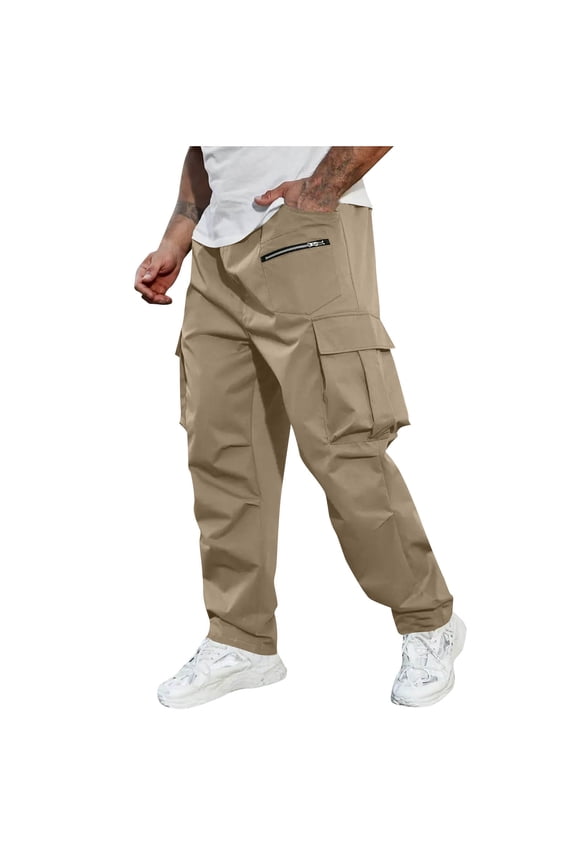 Men Cargo Pants Fashion Loose Fit Zip up Pockets Wide Leg Casual Hiking Sweatpants Outdoor Workwear Chino Athletic Pants(Small,Khaki)