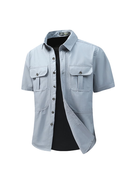 Men's Button Down Shirts Short Sleeve Casual Stylish Tops Lightweight Summer Turndown Collar Workwear with Two Pockets
