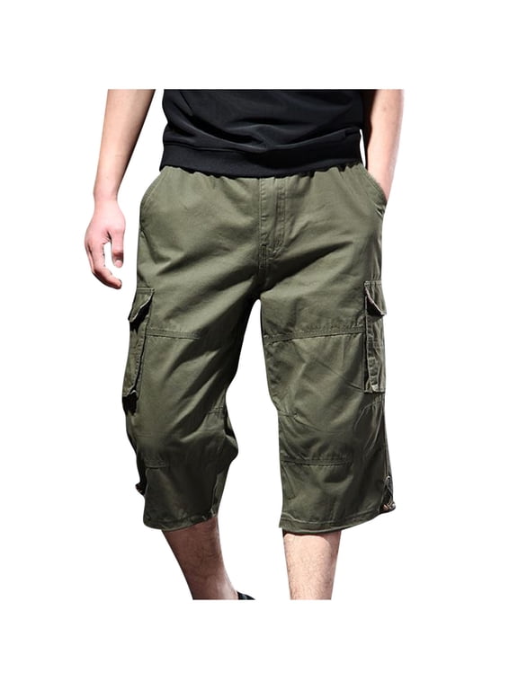Men's Capri Pants Below Knee Casual Cargo Pants Elastic Waist Outdoor 3/4 Pants with Multi Pockets Big and Tall