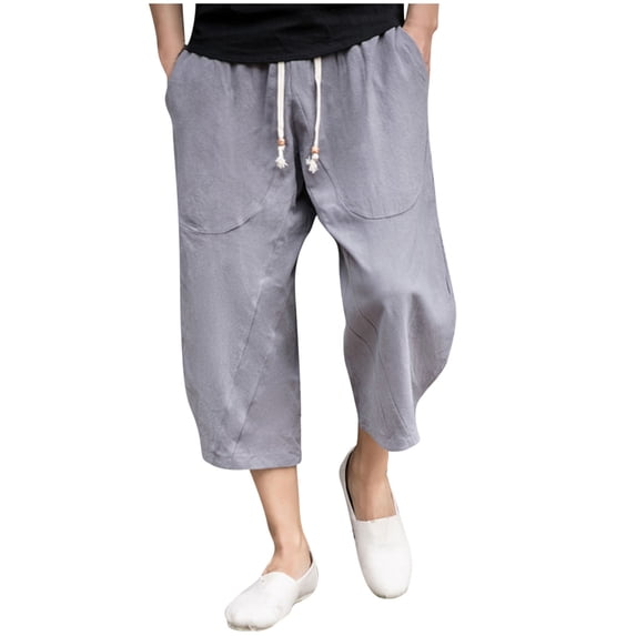 UAMVSH Men's Capri Pants Casual Elastic Waist Drawstring 3/4 Pants Pleated Loose Wide Leg Capris with Pockets for Big and Tall