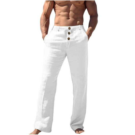 UAMVSH Men's Casual Linen Pants with Pockets Elastic Waist Lightweight Beach Pants Loose Fit Lounge Business Work Dressy Trousers(Large,White)