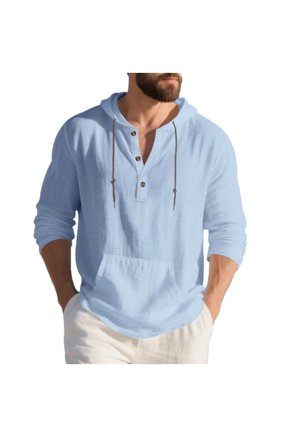 Men's Cotton Linen Hoodies Drawstring Casual Long Sleeve Button Pullover Loose Fit Breathable Traval Beach Shirts with Pocket