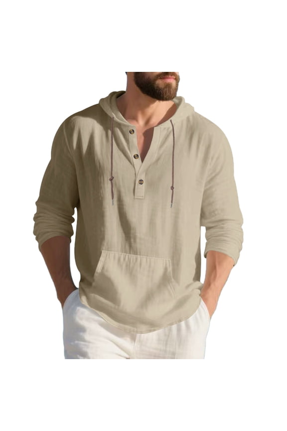 Men's Cotton Linen Hoodies Drawstring Casual Long Sleeve Button Pullover Loose Fit Breathable Traval Beach Shirts with Pocket