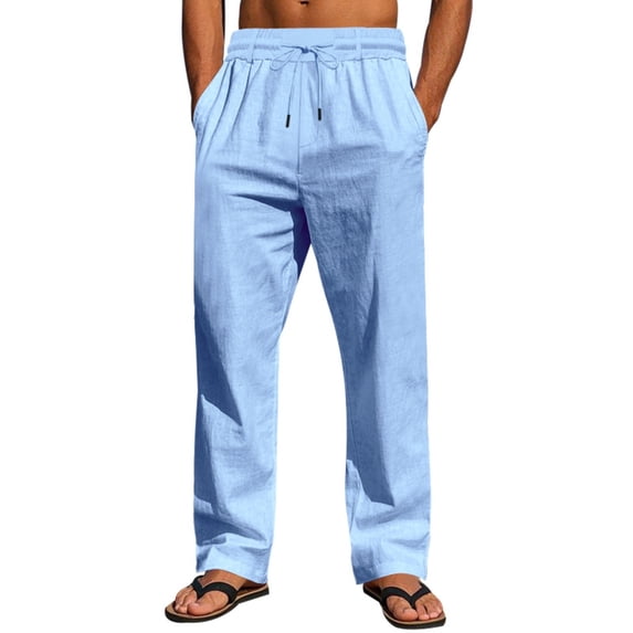 UAMVSH Men's Cotton Linen Pants Soft Drawstring Beach Lounge Pants Lightweight Drawstring Vacation Travel Pants with Pockets(3X-Large,Light Blue)