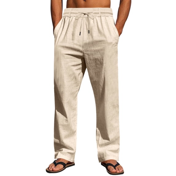 UAMVSH Men's Cotton Linen Pants Soft Drawstring Beach Lounge Pants Lightweight Drawstring Vacation Travel Pants with Pockets(X-Large,Khaki)