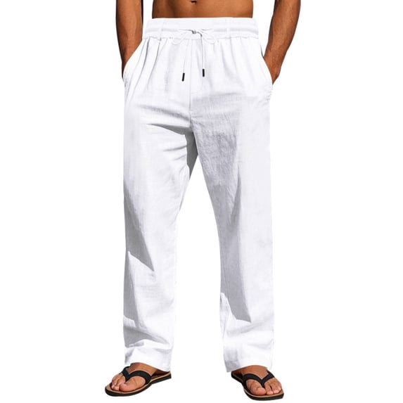 UAMVSH Men's Cotton Linen Pants Soft Drawstring Beach Lounge Pants Lightweight Drawstring Vacation Travel Pants with Pockets(X-Large,White)