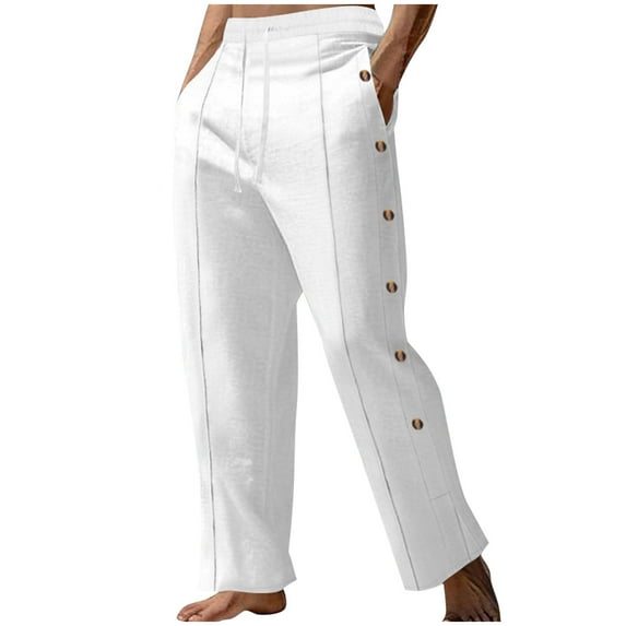 UAMVSH Men's Cotton Linen Trousers Soft Drawstring Elastic Waist Basic Sweatpants with Pockets Comfort Side Button Daily Vacation Pants(X-LargeWhite)